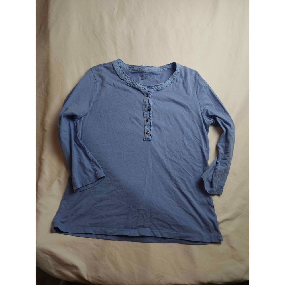 Talbots Henley Top Womens Medium Blue 3/4 Sleeve Ruffle Neck Casual Classic